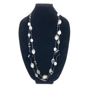 NY Beaded Double Strand Opera Length Necklace Black, Silver 17" Drop